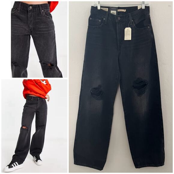 Levi's Baggy Dad Jeans Women's 26x32 Black Straight Leg Mid-Rise Distressed NWT - Picture 1 of 13